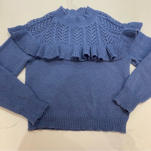 Ruffled Sweater, Blue, Crochet Top, Ruffles, Fitted, Women's (US S) - Picture 6 of 9